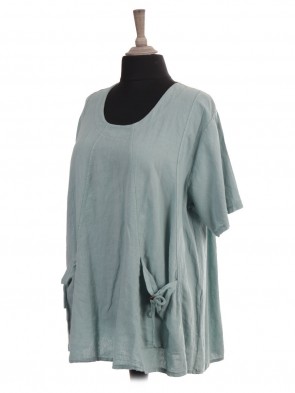 Italian Short Sleeves Linen Top With Front Pockets