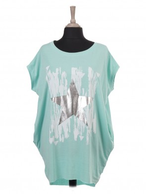 Italian Sleeveless Glossy Star And Brush Stroke Print Batwing Top