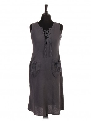 Italian Sleeveless Lagenlook Linen Dress With Elasticated Front Pockets