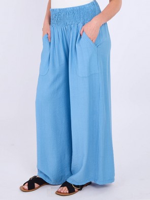 Italian Smocked Elasticated Waist Plain Palazzo Trousers