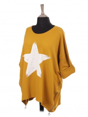 Italian Star Print Dip Hem Top With Side Zip Detail