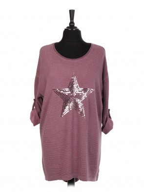 Italian Star Sequin Ribbed Fabric Dip Hem Top