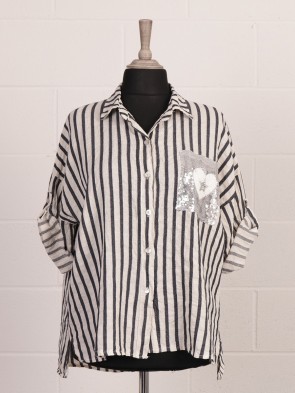 Italian Stripe Print Button Through Linen Top