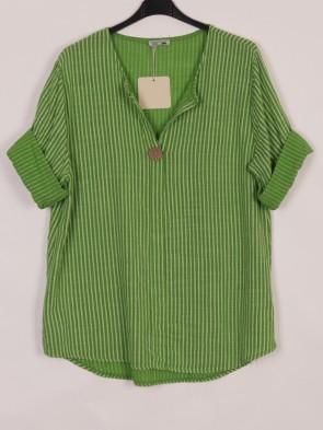 Italian Stripy Print Notch Neck Cotton Top