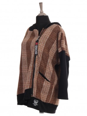 Italian Tartan Print Hooded Lana Wool Jacket With Front Pockets