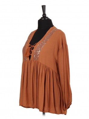 Italian Tassel Tie Blouse With Lace And Sequin Detail