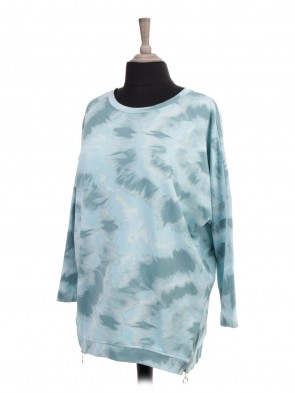 Italian Tie Dye Print Dip Hem Top With Side Zip Details