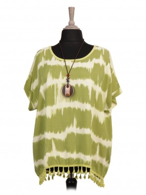 Italian Tie Dye Print Tassel Hem Top With Necklace