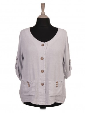 Italian Turn-up Sleeves Front Button Panel Linen Top