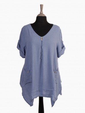 Italian Turn-up Sleeves Front Pockets Detail Linen Tunic Top