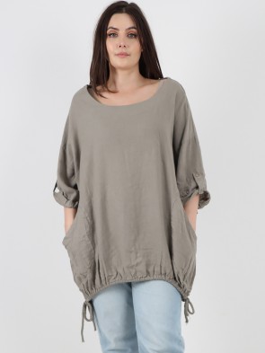 Italian Turn-up Sleeves Gathered Hem Linen Top