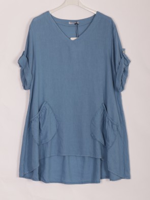 Italian Turn-up Sleeves Linen Top With Diagonal Pockets