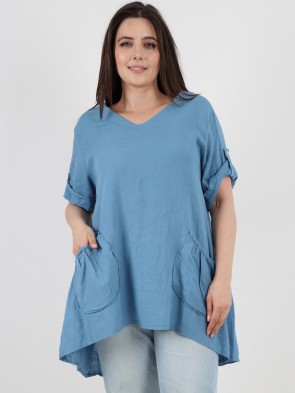 Italian Turn-up Sleeves Linen Top With Diagonal Pockets