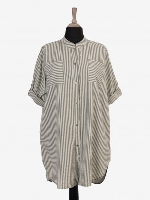 Italian Turn-up Sleeves Stripy Print Shirt Dress