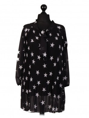 Italian Two Layered Star Print Pleated Dip Hem Tunic Top