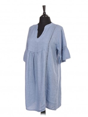 Italian V-neck Linen Dress With Crochet Detail And Flared Sleeves