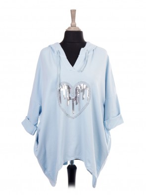 Italian V-neck Sequin Heart Hooded Top