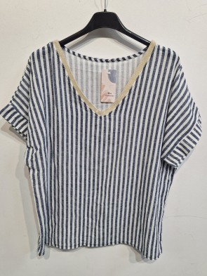 Italian V-neck Stripe Print Cotton Top