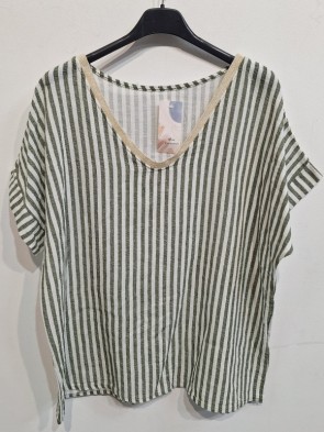 Italian V-neck Stripe Print Cotton Top