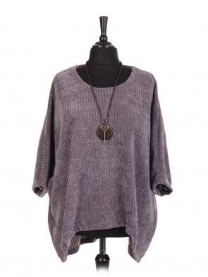 Italian Velour Dip Hem Batwing Top With Necklace