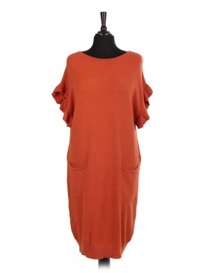 Italian Knitted Longline Jumper With Ruffled Sleeves And Front Pockets