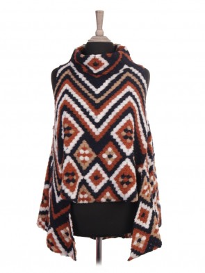 Italian Wool Mix Knitted Funnel Neck High Low Cape