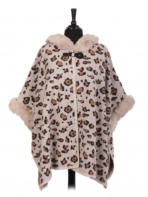 Italian Wool Mix Leopard Print Fur Cape With Buckle Fastening