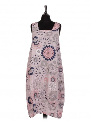 Italian Aztec Print Sleeveless Square Neck Linen Lagenlook Dress