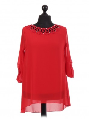 Chiffon Crochet Pearl Trim Dip Hem Blouse