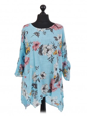 Italian Floral Asymmetrical Hem Oversized Tunic Top