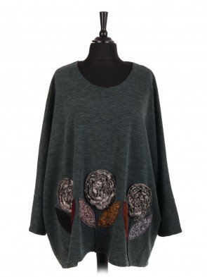 Italian Lana Wool Mix Applique Floral Batwing Top