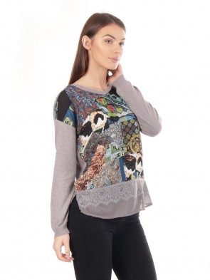 Ladies print pattern Lace Trim Jumper Top