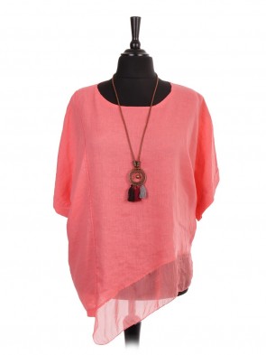 Plus Size Italian Linen Asymmetric Silk Hem Top With Necklace