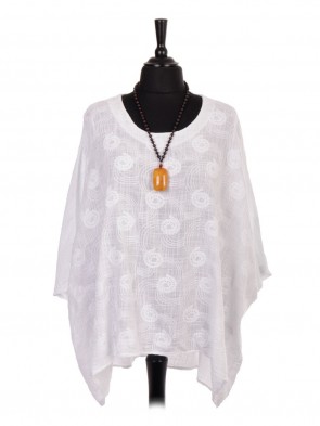 Plus Size Italian Linen Embroidered Batwing Dip Hem Top with Necklace