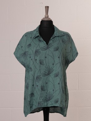 Plus Size Italian Notch Collar Neck Printed Linen Top