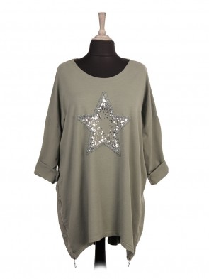 Plus Size Italian Sequin Star Dip Hem Top With Side Zip Detail