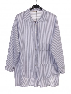 Plus Size Italian Stripy Blouse with Front Button Panel and Pocket
