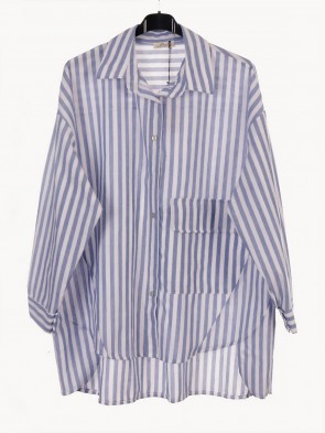 Plus Size Wide Stripe Blouse with Front Button Panel and Pocket