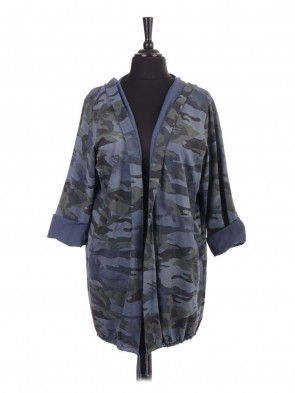 Italian Gathered Hem Camouflage Print Hooded Jacket With Front Pockets