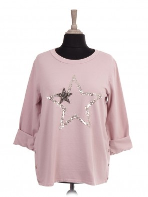 Italian Diamante And Sequin Star Top With Side Button Panel