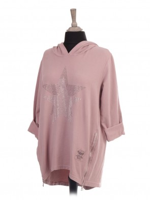 Italian Hooded Diamante Star Top With Side Zip Details