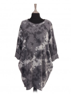 Italian Tie Dye Print Dip Hem Top With Side Pockets